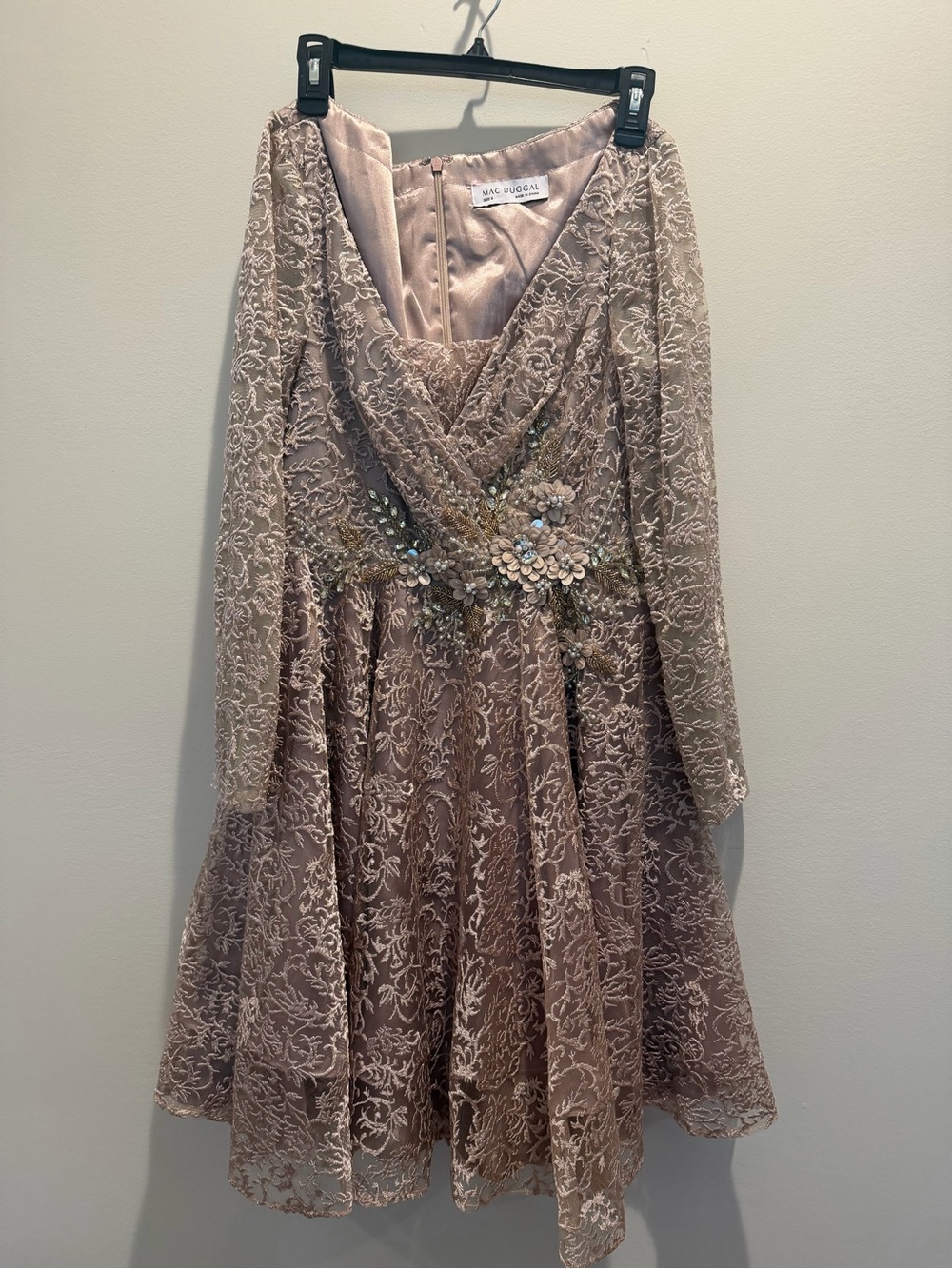 Mac Duggal Dusty Blush Lace Long Sleeve V-Neck Dress with Beaded Waist